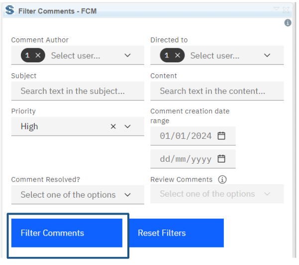 To filter comments, click on the main filter comments button